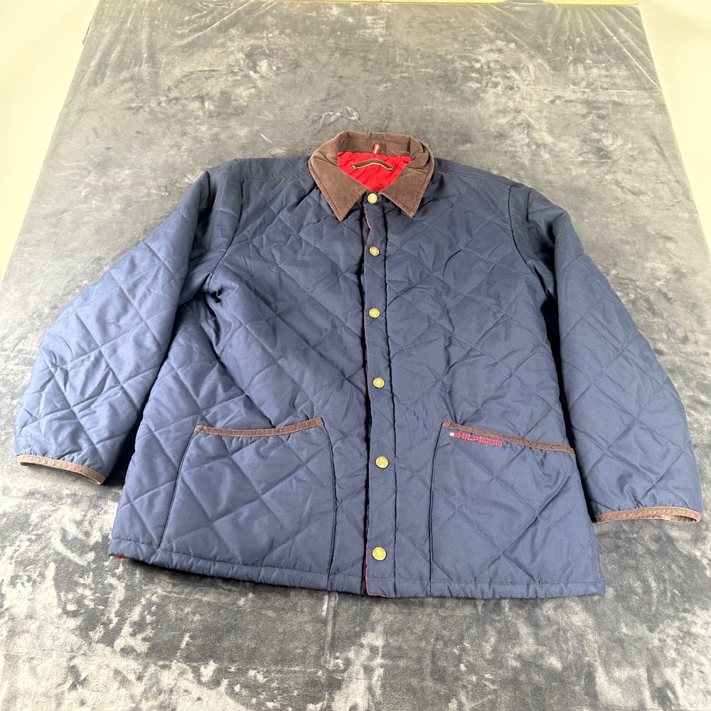 Tommy Hilfiger Quilted Barn Jacket Mens Large Navy Blue Reversible Corduroy Trim
